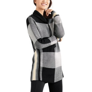 Talbots Black White Buffalo Plaid Tunic Sweater Drawstring Funnel Neck LP PL